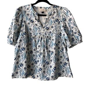 Universal Thread Womens Short Puff Sleeve Floral V Neck Pullover Blouse Size S‎